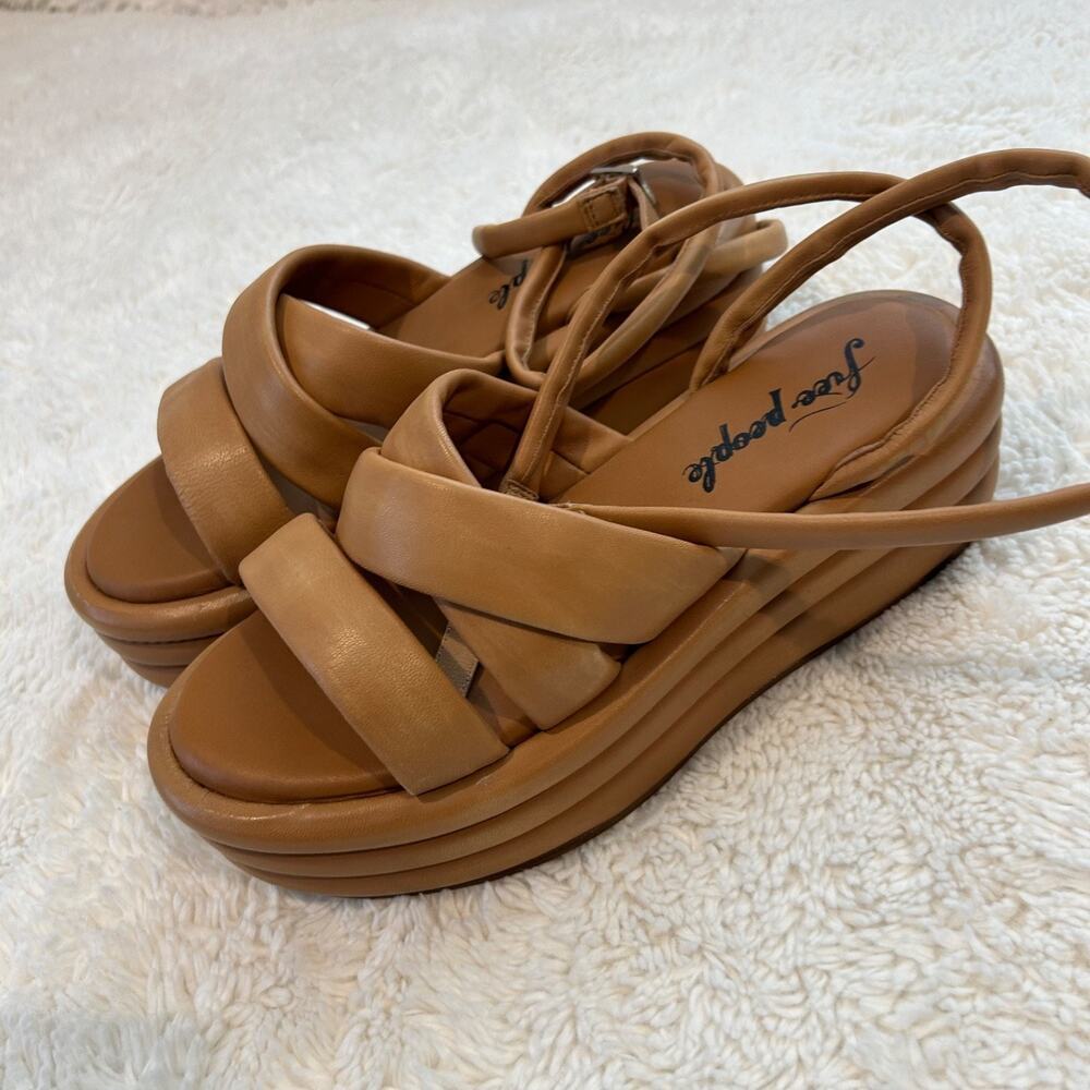 Free People Harper Platform Puffy Ankle Strap Sandal Leather Tan 39.5 Boho Indie - Picture 3 of 6